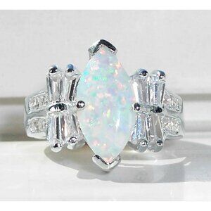 925 STERLING SILVER Marquise Lab Created White Fire Opal & CZ Ring